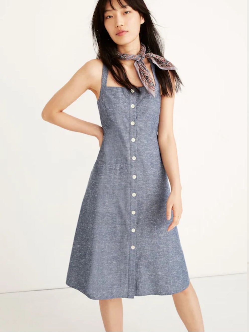 Madewell Indigo Wash Chambray Tank Button Front Cotton Crisscross Back Dress S